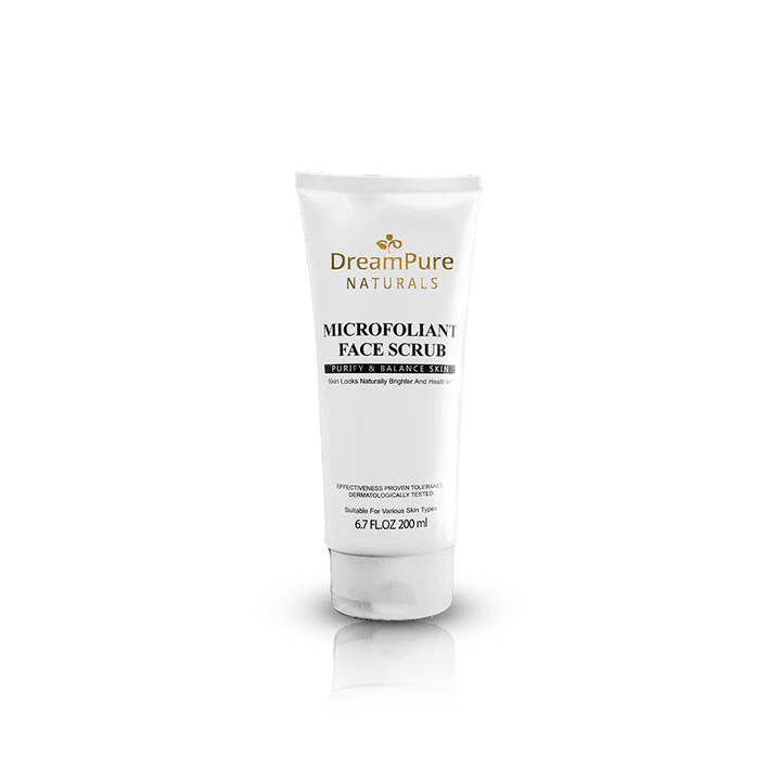 Tube of DreamPure Naturals Microfoliant Face Scrub on a white background