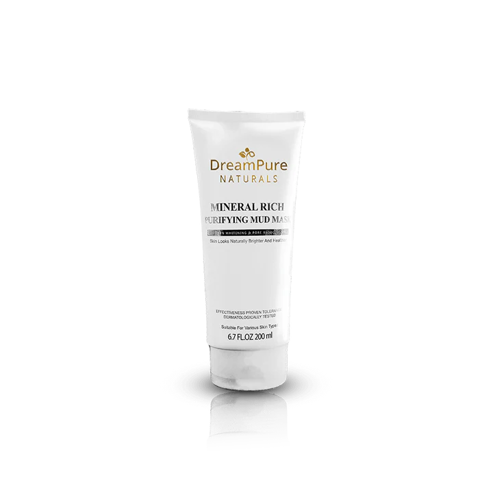 Tube of DreamPure Naturals mineral-rich clarifying mud mask on a white background