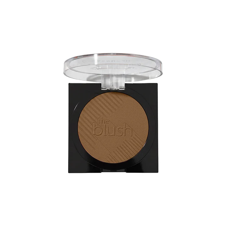 Compact brown blush in a black case on a white background