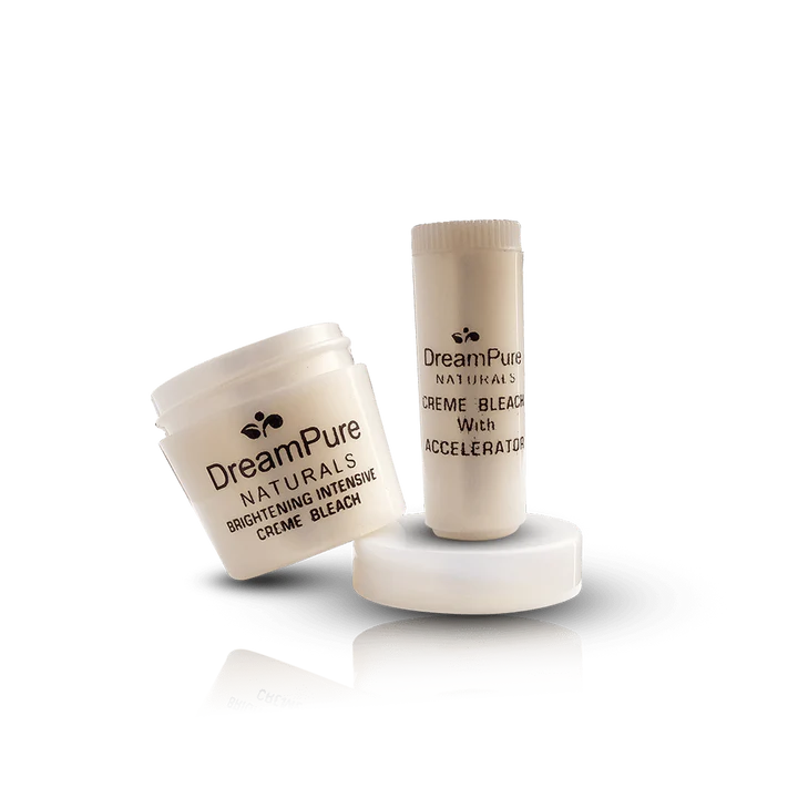 Two skincare products, a jar and a stick, with 'DreamPure Naturals' branding on a white background.