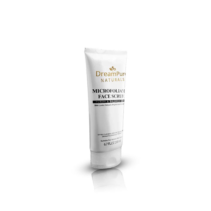 Tube of DreamPure Naturals Microfoliant Face Scrub on a white background