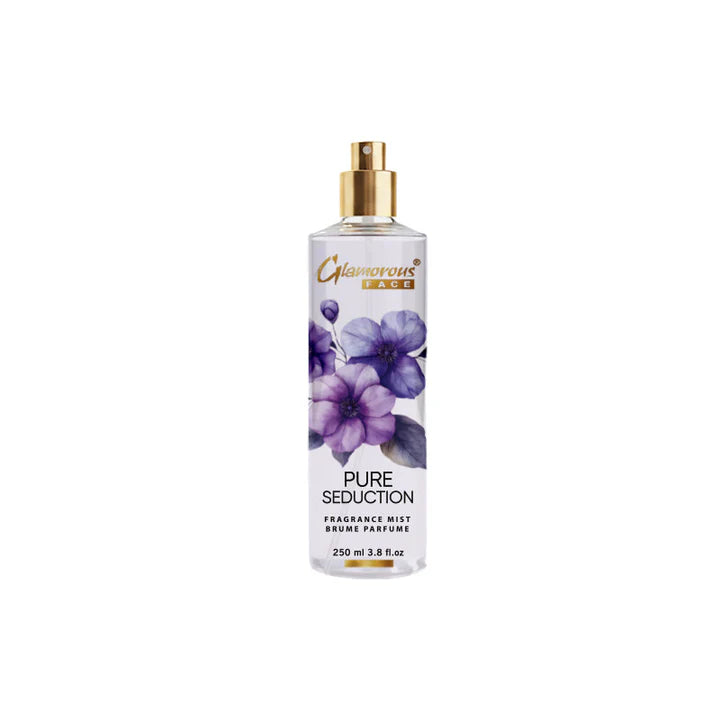 Fragrance mist bottle with floral design on a white background