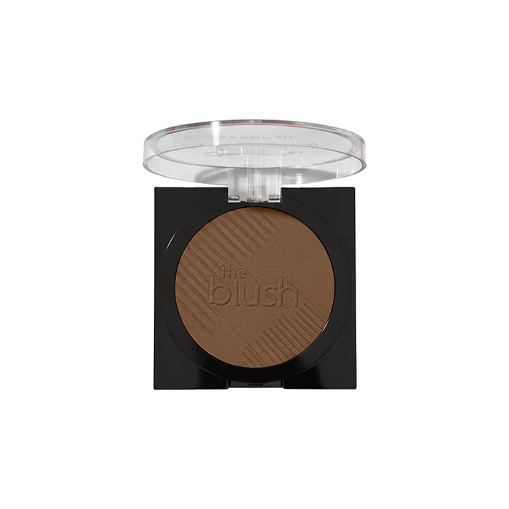 Brown blush compact with clear lid on a white background