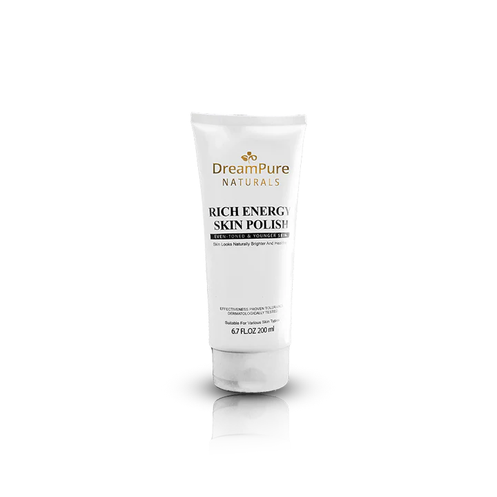 Tube of DreamPure Naturals Rich Energy Skin Polish on a white background