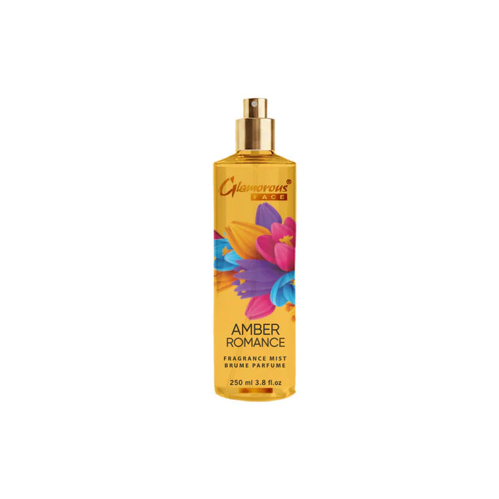 Amber Romance fragrance mist bottle with colorful floral design on a white background