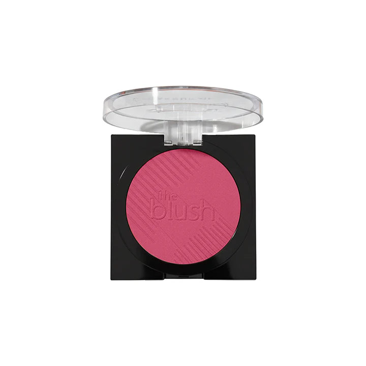 Pink blush compact with clear lid on a white background