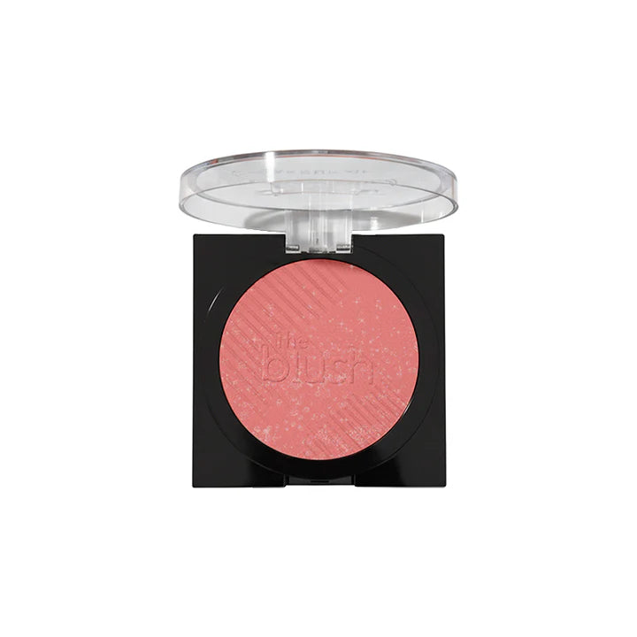 Pink blush compact with clear lid on a white background