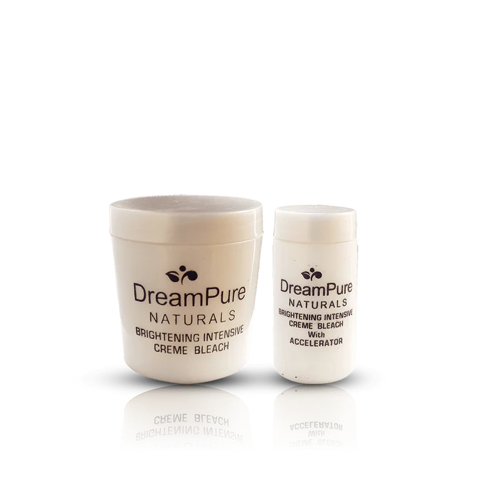 Two jars of DreamPure Naturals creme bleach on a white background