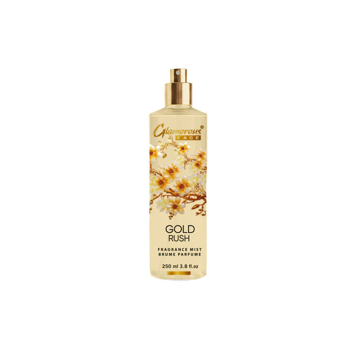 Gold Rush fragrance mist bottle with floral design on a white background
