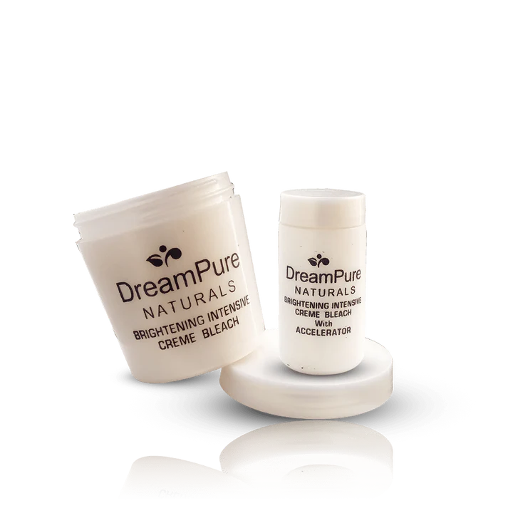 Two containers of DreamPure Naturals Brightening Intensive Creme Bleach on a white background