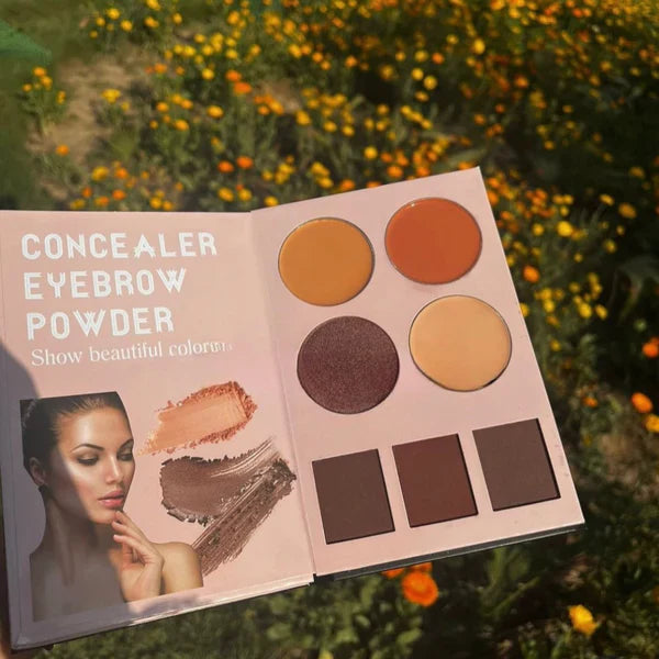 Makeup palette with concealer, eyebrow, and powder shades against a natural background