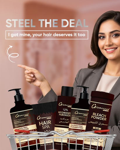 Woman pointing at a display of hair care products 