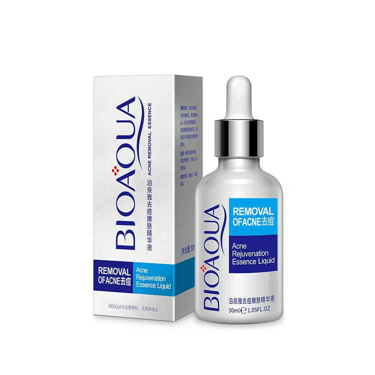 Bioaqua acne rejuvenation essence liquid bottle and packaging on a white background