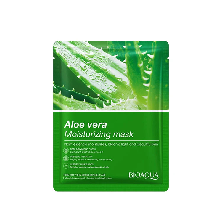 Green aloe vera moisturizing mask packaging with visible aloe leaf texture on a white background