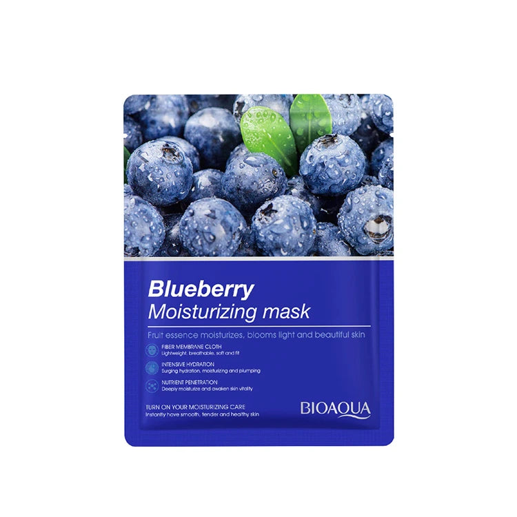 Blueberry moisturizing mask packaging with blueberries and green leaves on a white background