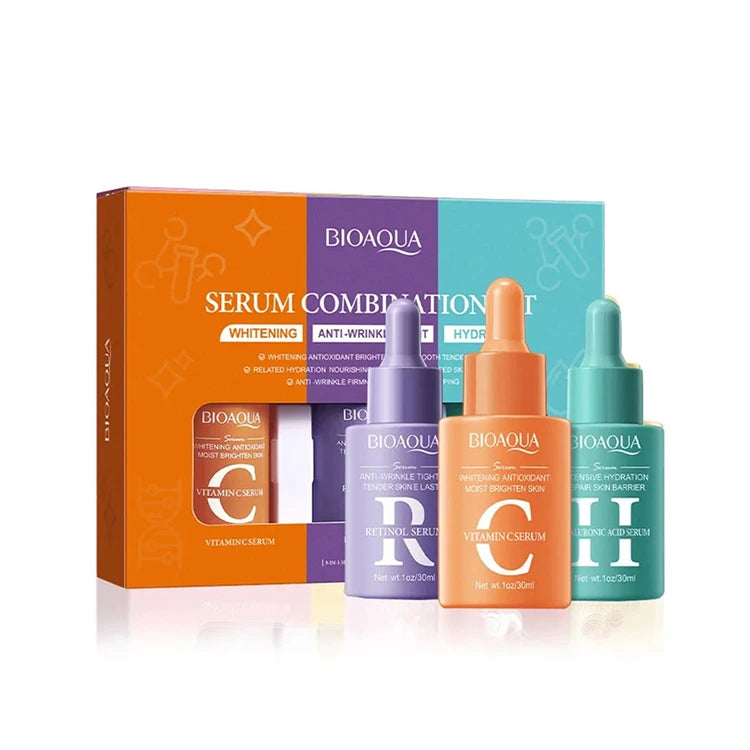 Bioaqua serum combination set with colorful bottles and packaging on a white background