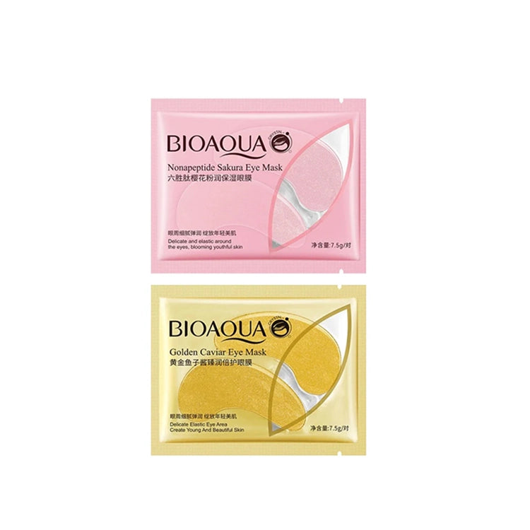 Two Bioaqua eye mask packets, one pink and one yellow, on a white background.