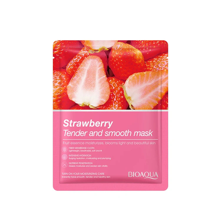 Strawberry-themed skincare mask packaging with visible brand name on a white background