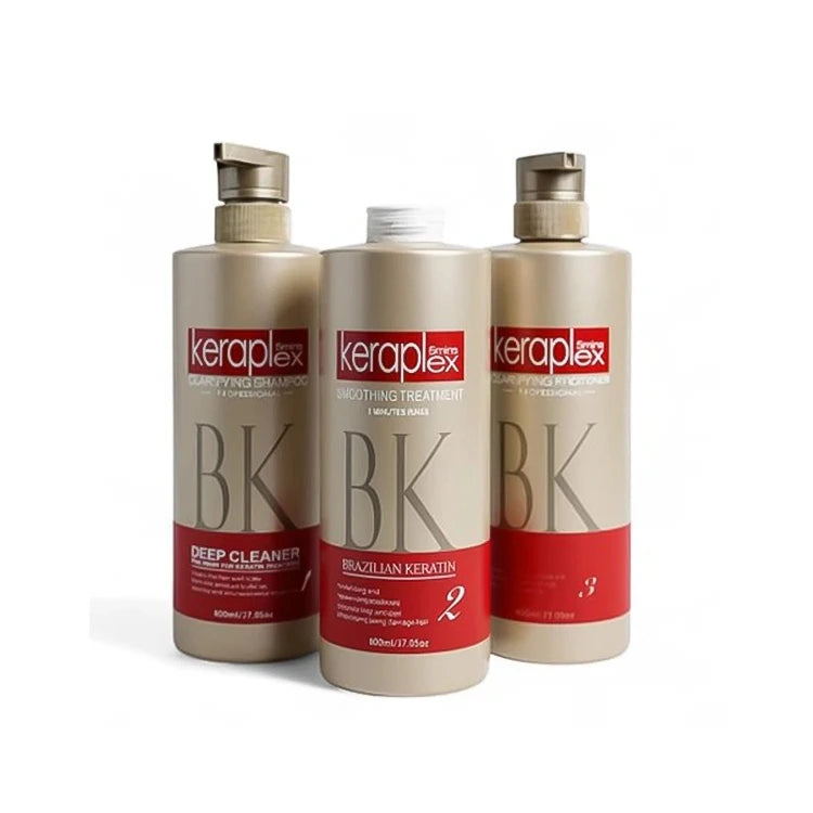 Three bottles of Keraplex BK hair care products on a white background