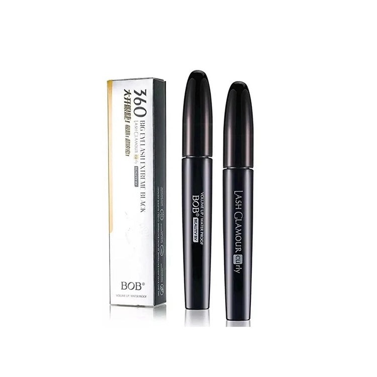 Two black mascara tubes with a white box on a white background