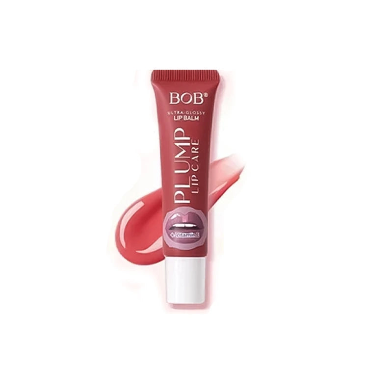 BOB Plump Lip Care Ultra-Glossy Lip Balm in a red squeeze tube with a white cap, shown with a glossy red swatch of the balm behind it on a white background.