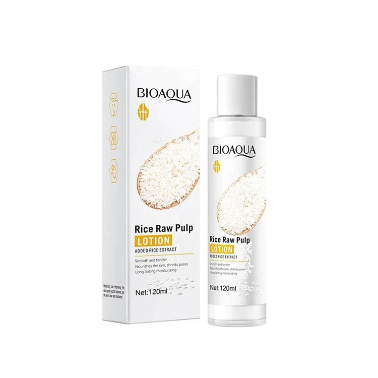 Bioaqua Rice Raw Pulp Lotion packaging and bottle on a white background