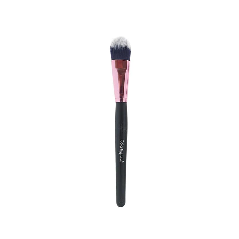 Makeup brush with black handle and pink ferrule on a white background