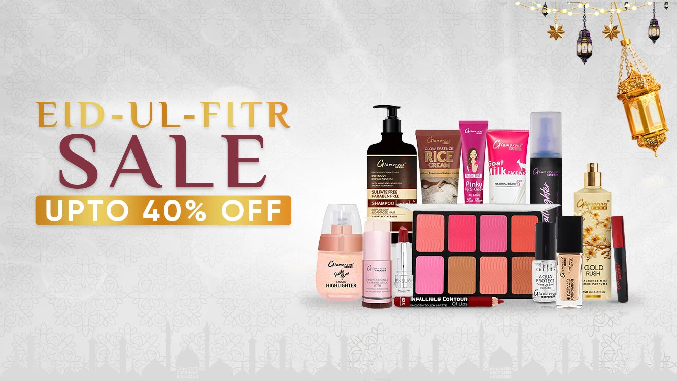 Cosmetic products with 'Eid-ul-Fitr Sale' text on a white background