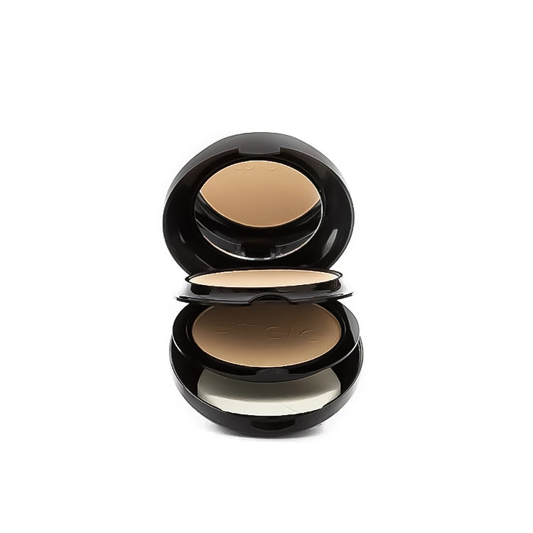 Compact powder in a black case on a white background