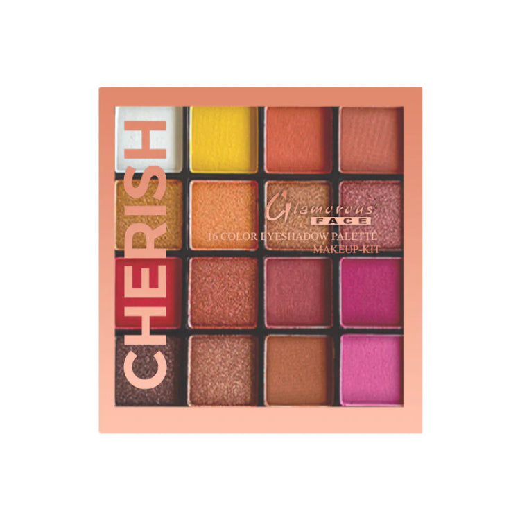 Makeup palette with colorful eyeshadows and 'Cherish' branding.