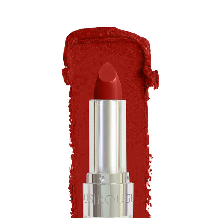 Red lipstick with silver cap on a white background