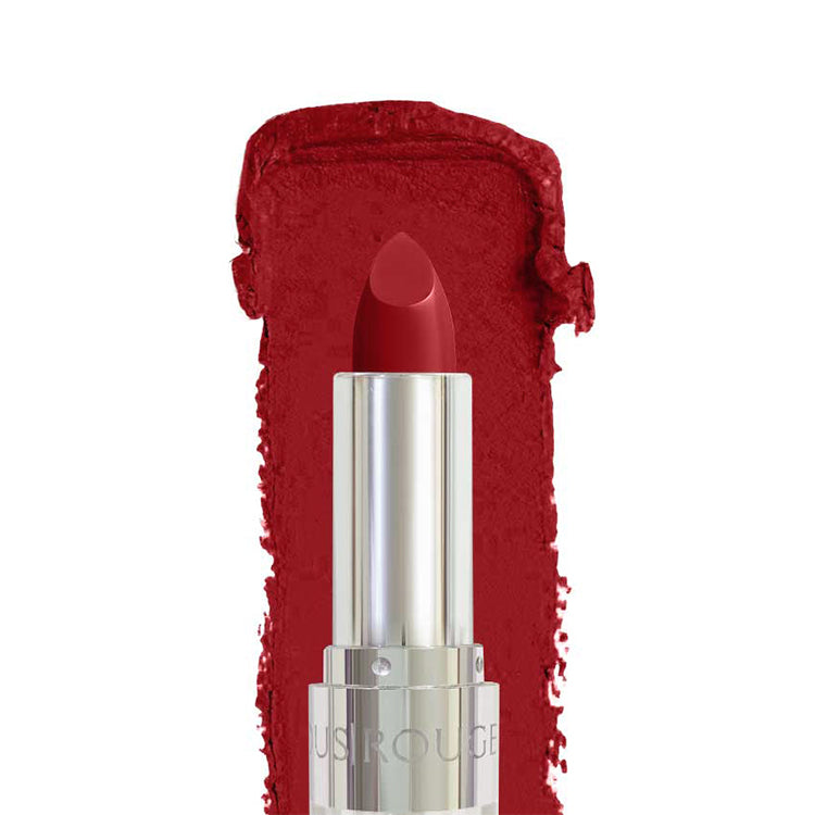 Red lipstick with silver cap on a white background