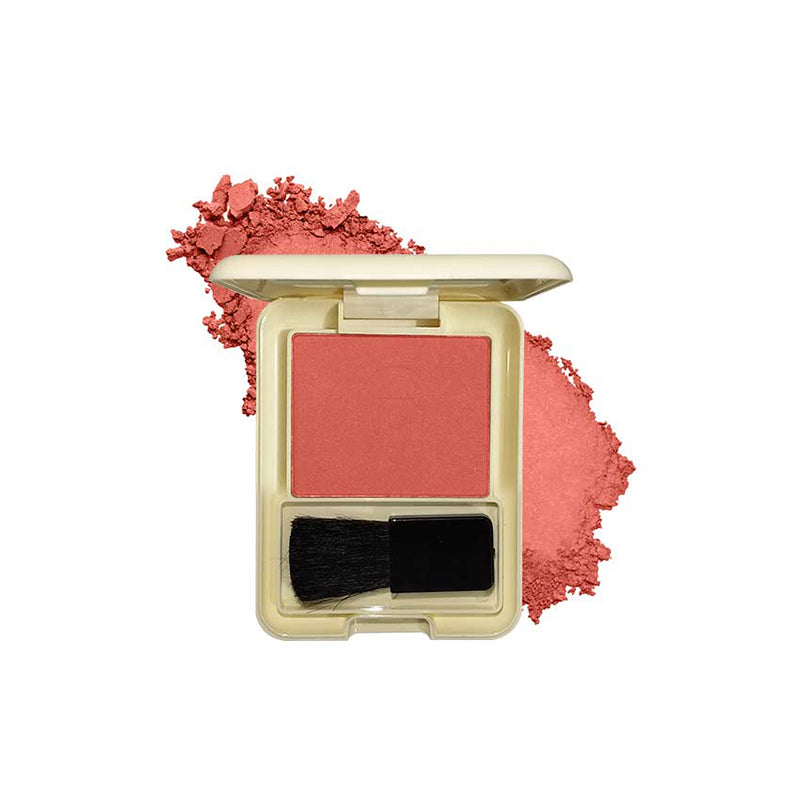 Compact blush with a brush and scattered powder on a white background