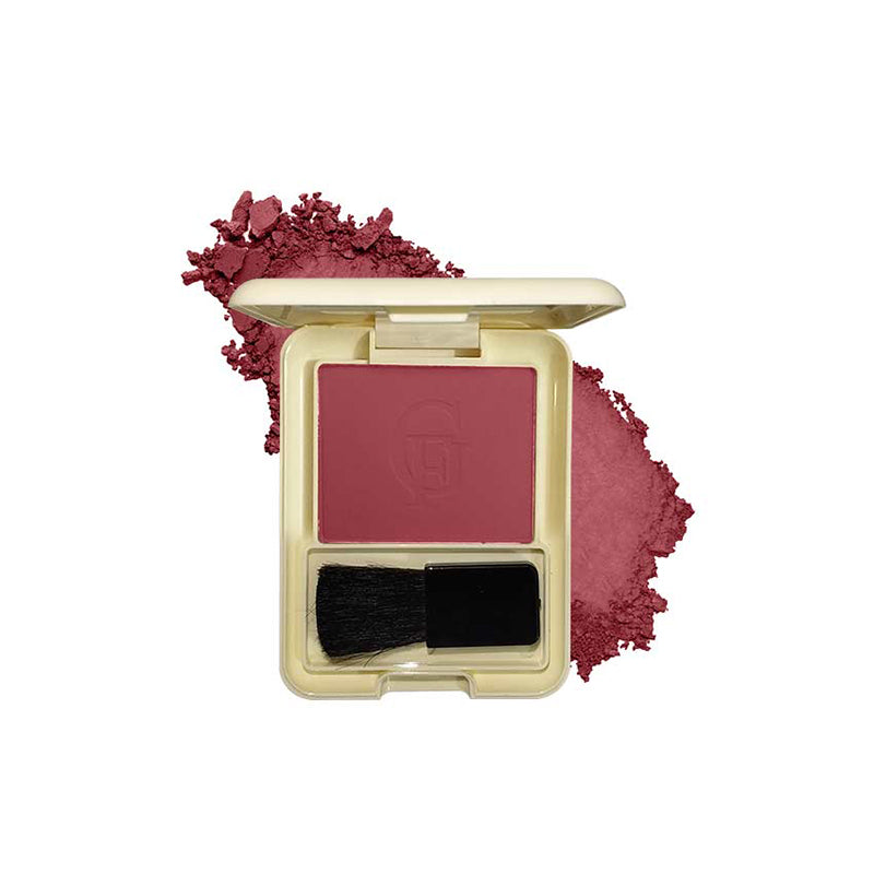 Makeup blush compact with a brush and scattered powder on a white background