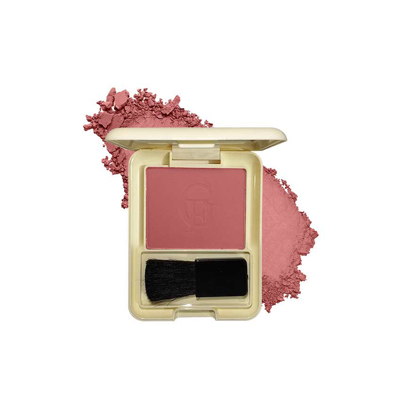 Makeup blush compact with pink shade and brush on a white background