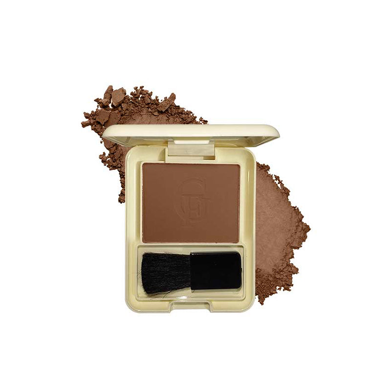 Brown makeup powder with a brush on a white background