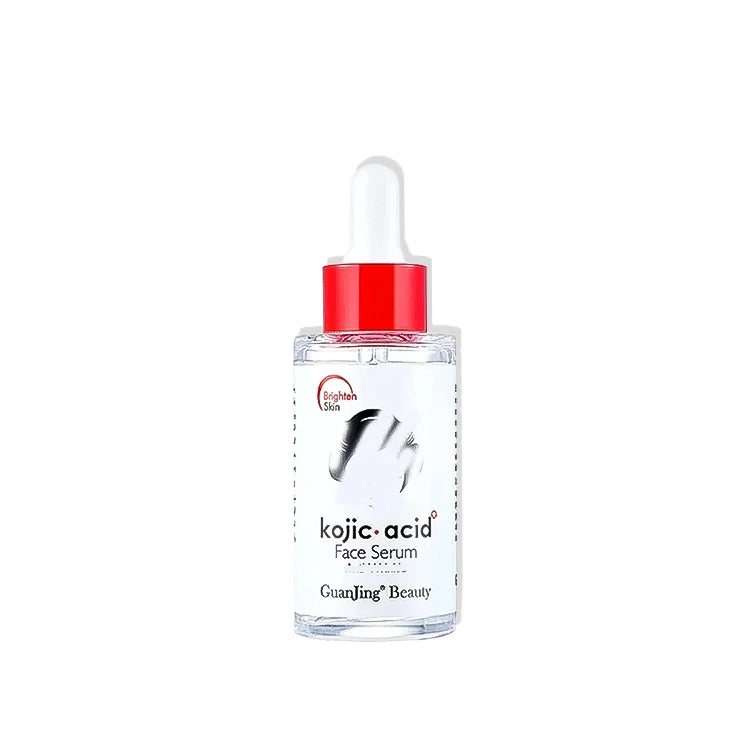 Kojic acid face serum bottle with red cap on a white background