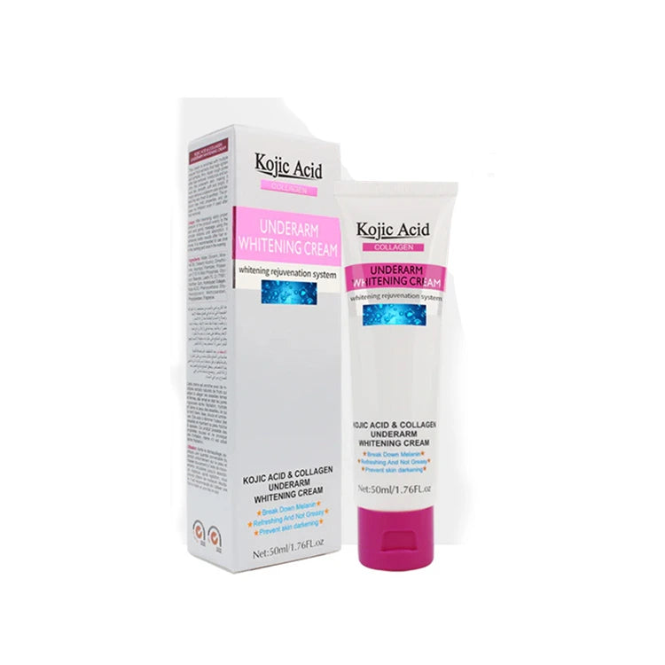 Kojie Acid underarm whitening cream with packaging on a white background