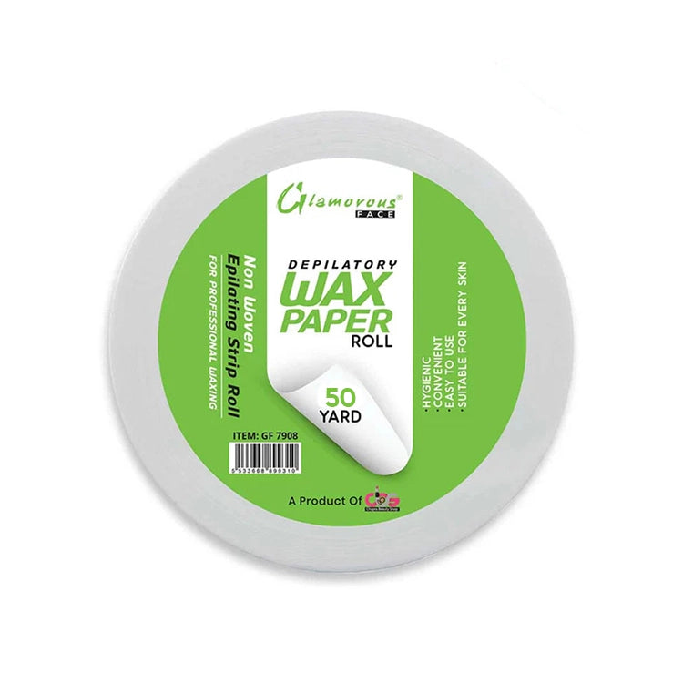 Depilatory wax paper roll with green label on a white background