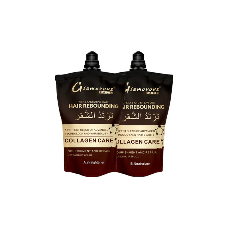 Two bottles of Glamorous Hair Rebounding Collagen Care on a white background