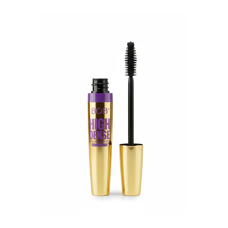 Bob High Dense mascara with gold tube and black brush on a white background