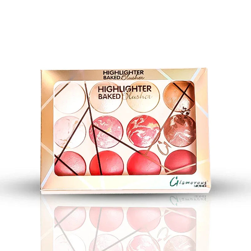 Glamorous baked highlighter and blusher set packaging on a white background