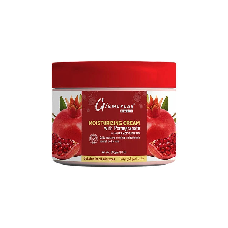 Jar of moisturizing cream with pomegranate design on a white background
