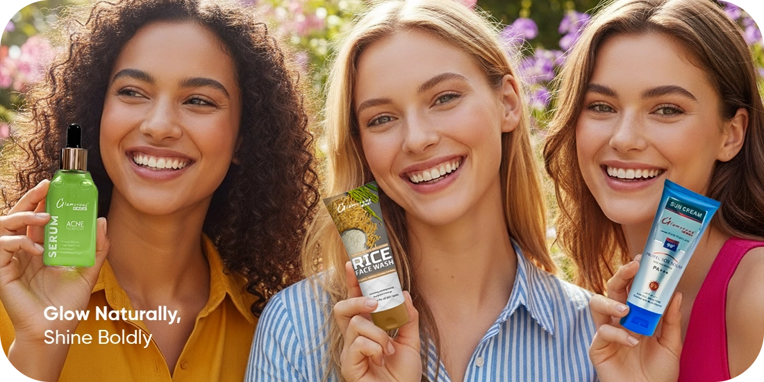 Three women holding skincare products with a floral background