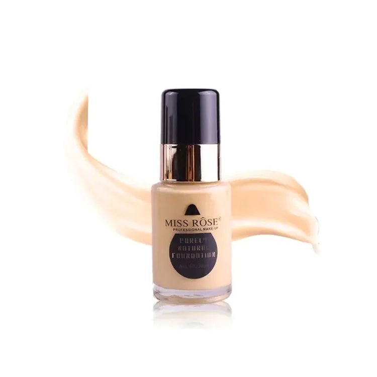 Miss Rose foundation bottle with a swatch on a white background