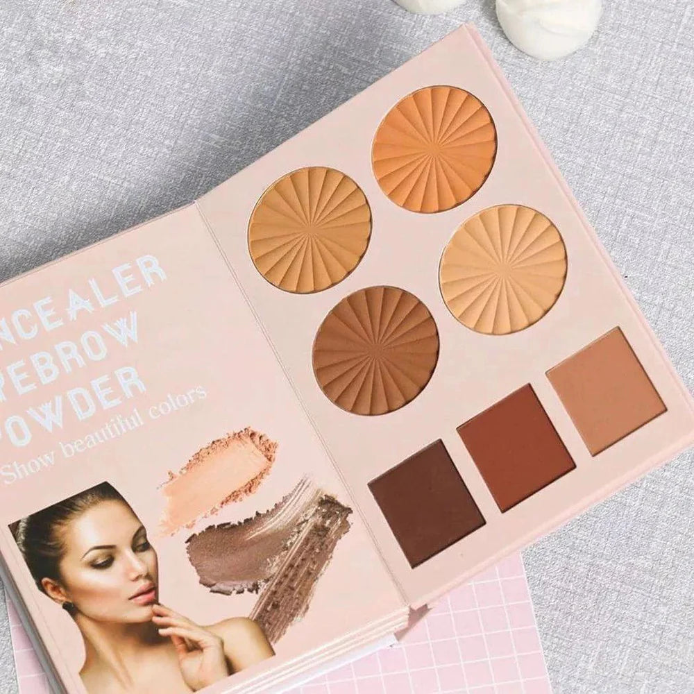 Makeup palette with various shades of brown and beige on a light gray background