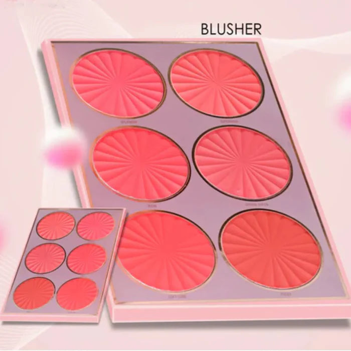 Blusher palette with pink shades on a light pink background