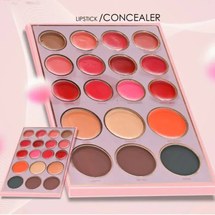 Makeup palette with lipstick and concealer shades on a light pink background