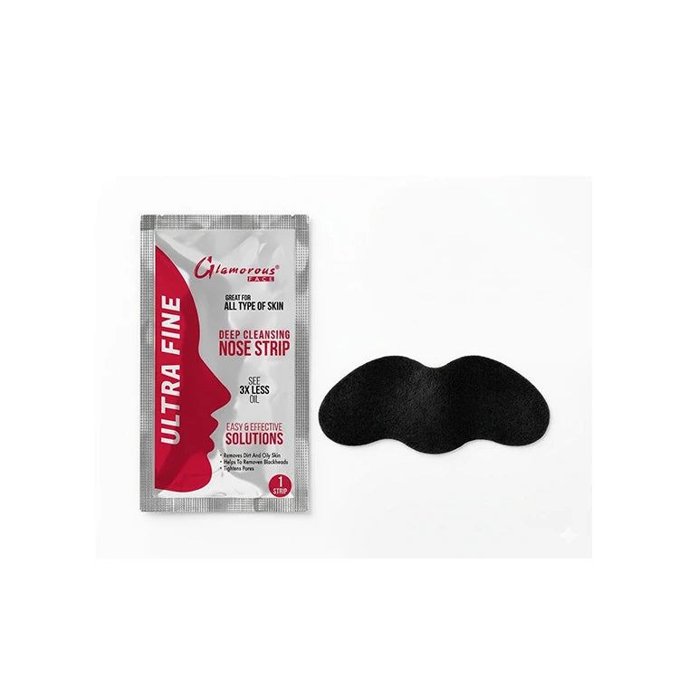 Glamorous Ultra Fine deep cleansing nose strip packaging with a black nose strip on a white background