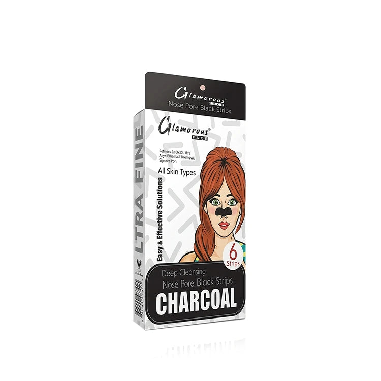 Packaging of Glamorous Ultra Fine Charcoal Nose Pore Black Strips on a white background